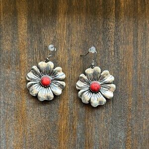 Floral Silver Earrings with Red Accents